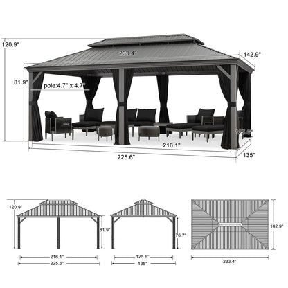 PURPLE LEAF 12' x 20' Permanent Hardtop Gazebo with Galvanized Steel Double Roof and Aluminum Frames Outdoor Large Pavilion Gazebo for Patio Deck Garden, Netting and Curtains Included, Light  - WoodArtSupply