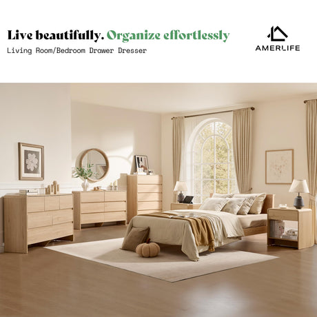 AMERLIFE 5 Drawer Dresser for Bedroom, 48" Tall Modern Chest of Storage Drawers with Rounded Corners, Anti-Tip Kit, Wood Cabinet Organizer for Closet, Living Room, Nursery, Easy Assembly, Light Oak AMERLIFE