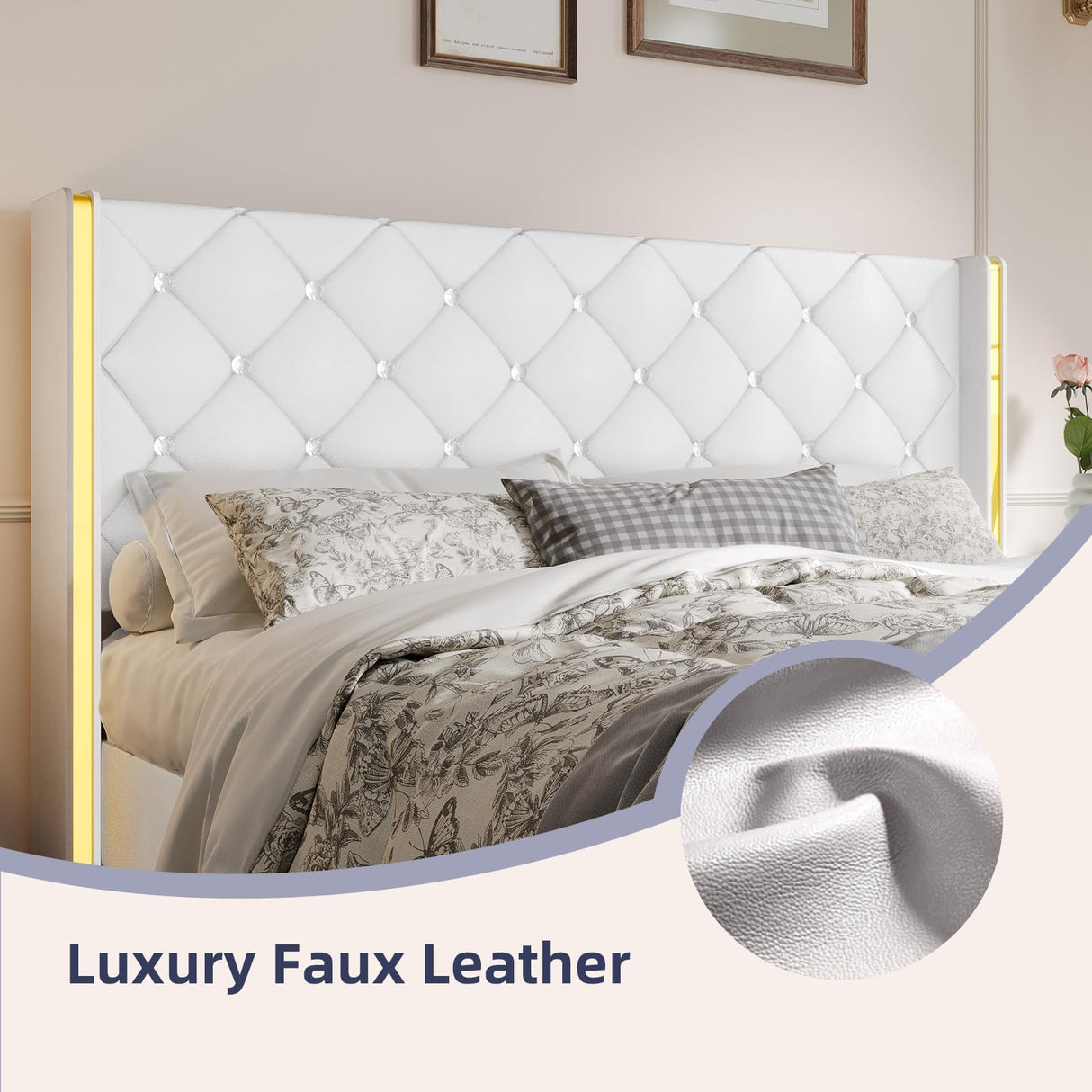 Twin Bed Frames with Headboard, Bed Frame Twin with Diamond Tufted Design, Upholstered Platform Bed with Wingback, No Box Spring Needed, Easy Assembly, White HOMBCK