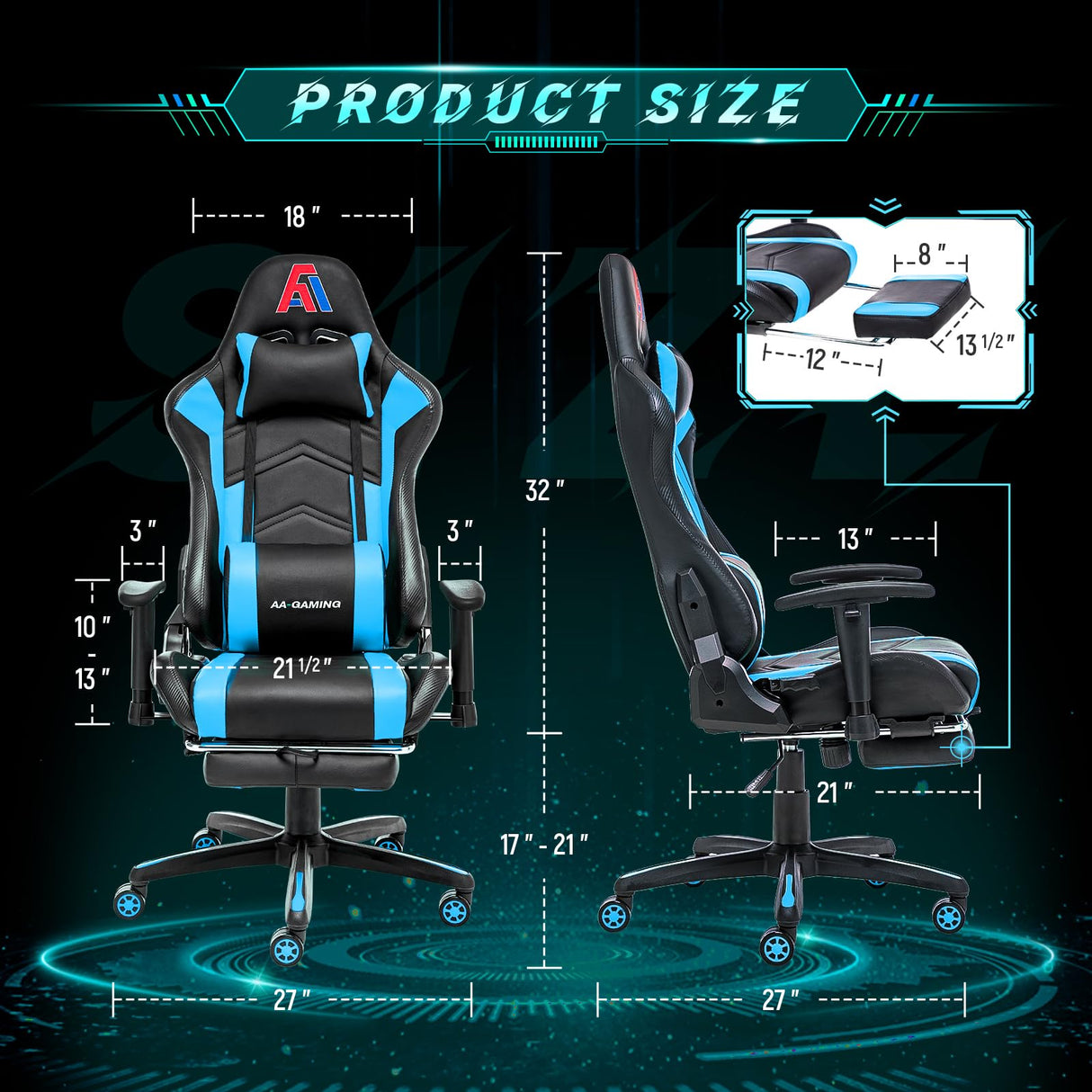 AA Products Gaming Chair Ergonomic High Back Computer Racing Chair Adjustable Office Chair with Footrest, Lumbar Support Swivel Chair - Upgraded Version BlackBlue AA Products Inc.