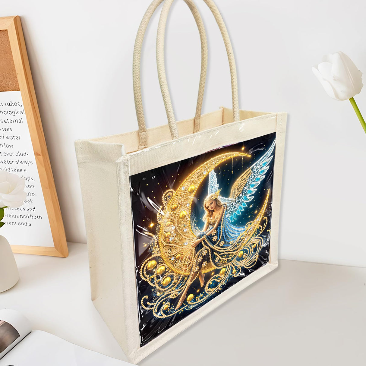 DoxQcs Diamond Art Painting Tote Bag Kit, Shoulder Bags 5D DIY Handbags Reusable Shopping Bags with Handles for Women-Moon Angel DoxQcs