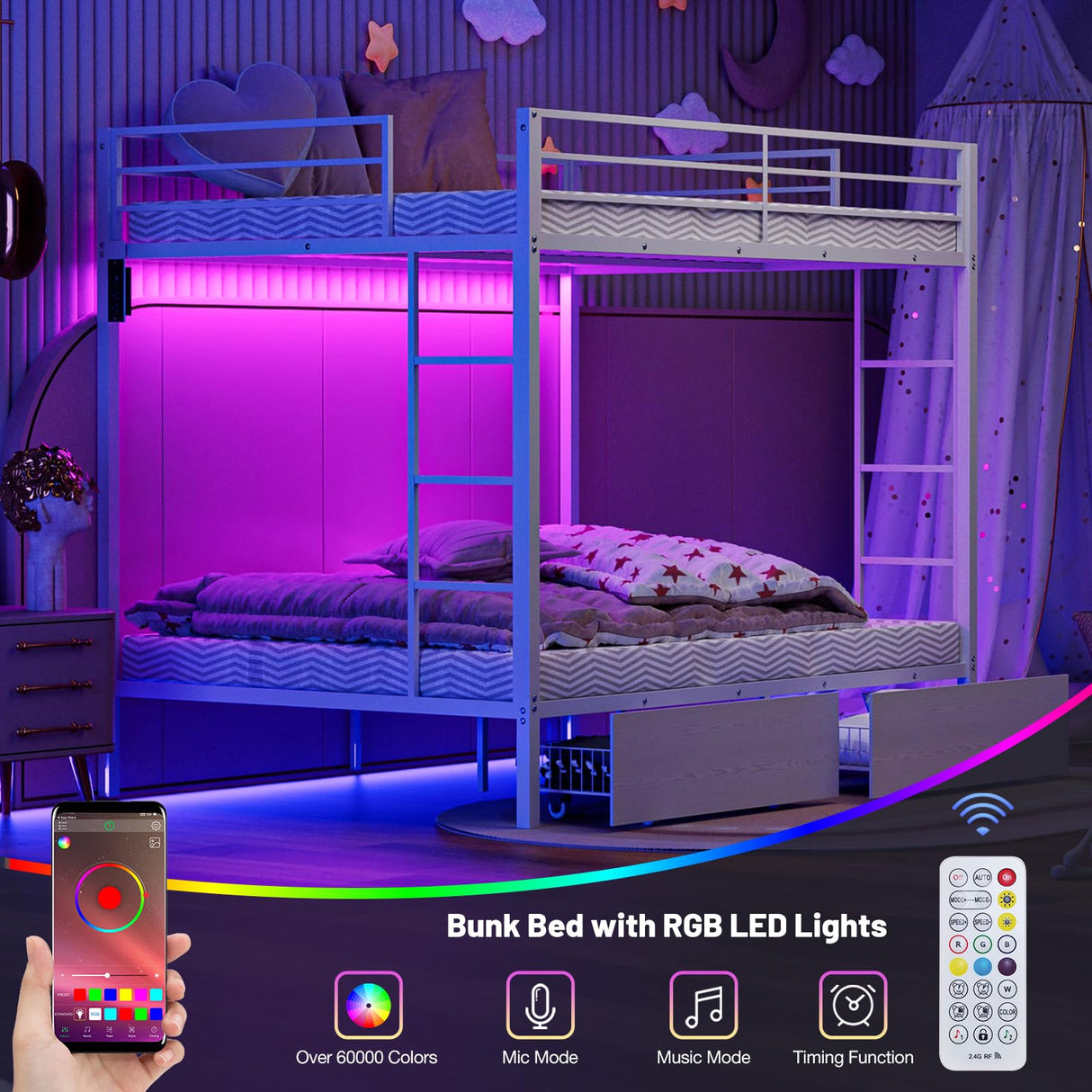 IKIFLY Full Over Full Bunk Beds with 2 Storage Drawers, Heavy Duty Metal Bunk Bed with LED Lights and Charging Station, Safety Guardrail & 2 Ladders, Space-Saving, No Box Spring Needed, White IKIFLY