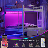 IKIFLY Full Over Full Bunk Beds with 2 Storage Drawers, Heavy Duty Metal Bunk Bed with LED Lights and Charging Station, Safety Guardrail & 2 Ladders, Space-Saving, No Box Spring Needed, White IKIFLY