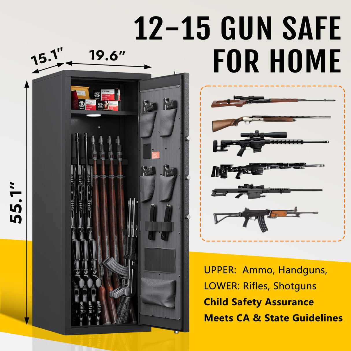 KAER 12-15 Gun Safe for Home, Large Rifle Safe & Pistol Cabinet with 3 Adjustable Gun Racks, 4 Pistol Pockets, Unassembled Digital Large Gun Locker for Gun & Ammunition Storage KAER