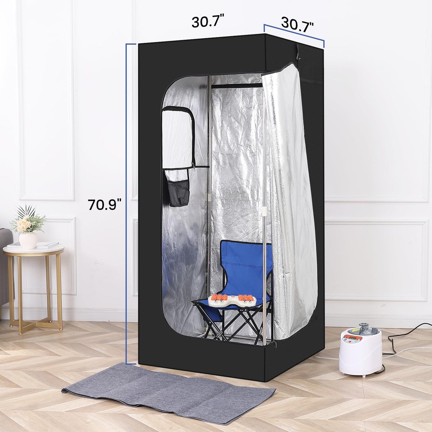 Full Body Personal Home Sauna Box, Portable Steam Saunas Tent, 1100W & 3L Sauna Steamer, Remote Control, Foldable Chair(Black)