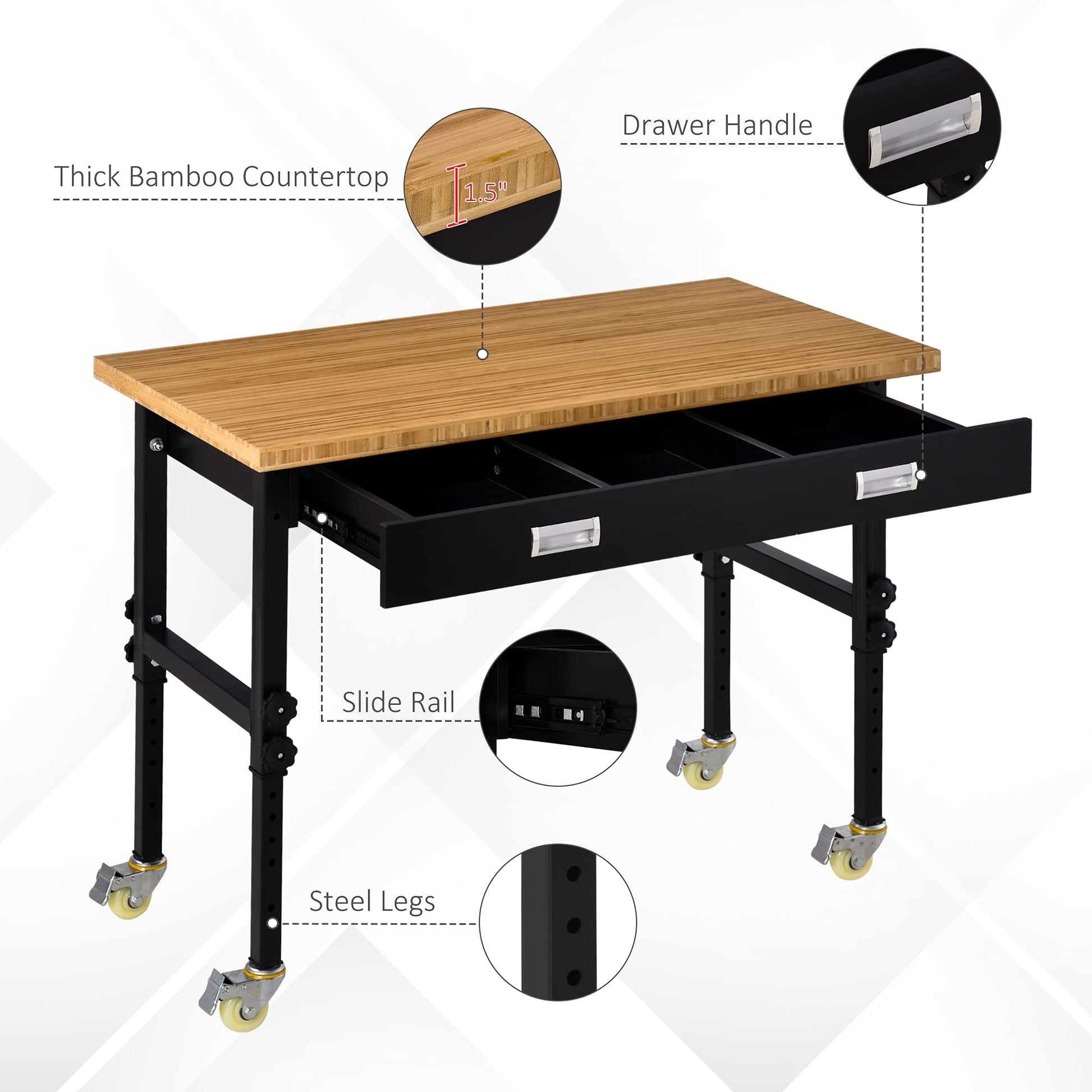 HOMCOM 47" Work Bench with Drawer, Height Adjustable Legs, Bamboo Tabletop Workstation Tool Table on Wheels for Garage, Weight Capacity 1320 Lbs, Black/Natural - WoodArtSupply