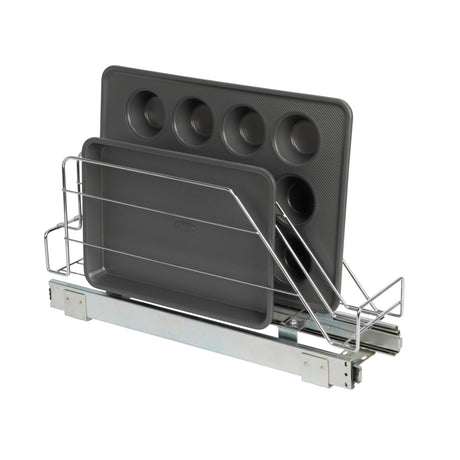 Household Essentials Glidez Multipurpose Chrome-Plated Steel Pull-Out/Slide-Out Storage Organizer for Cookware and Bakeware - Fits Standard Size Cabinet or Shelf, Chrome Household Essentials