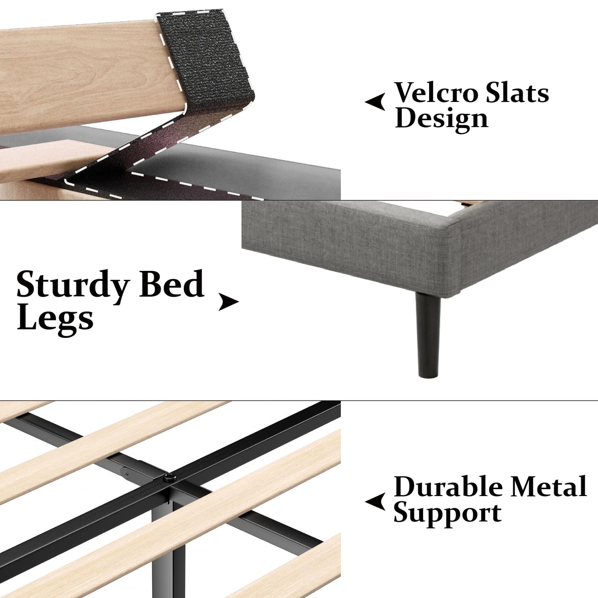 Gruwans Queen Size Bed Frame with Upholstered Wingback Headboard, Easy Assemnly Platform Bed, Wooden Slat Support No Box Spring Needed, Light Gray Gruwans