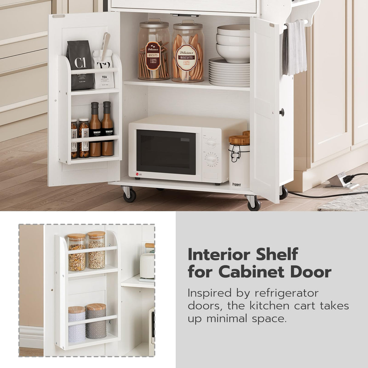 HOOBRO Kitchen Island with Power Outlet, Kitchen Storage Island with Large Worktop, Spice Rack and Drawer, Rolling Kitchen Cart on Wheels, for Kitchen and Dining Room, White and Natural WN88UZD01 HOOBRO