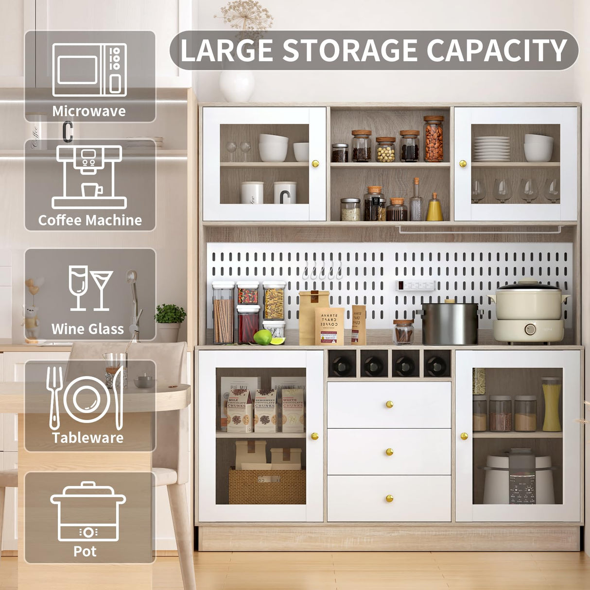 VOWNER Pantry Cabinet, Kitchen Storage Cabinet, Freestanding Buffet Hutch with Pegboard, Cup Holder, Power Outlet, 4 Doors & 3 Drawers, Cupboard with Microwave Shelf & Wine Racks (White and Oak Color) VOWNER