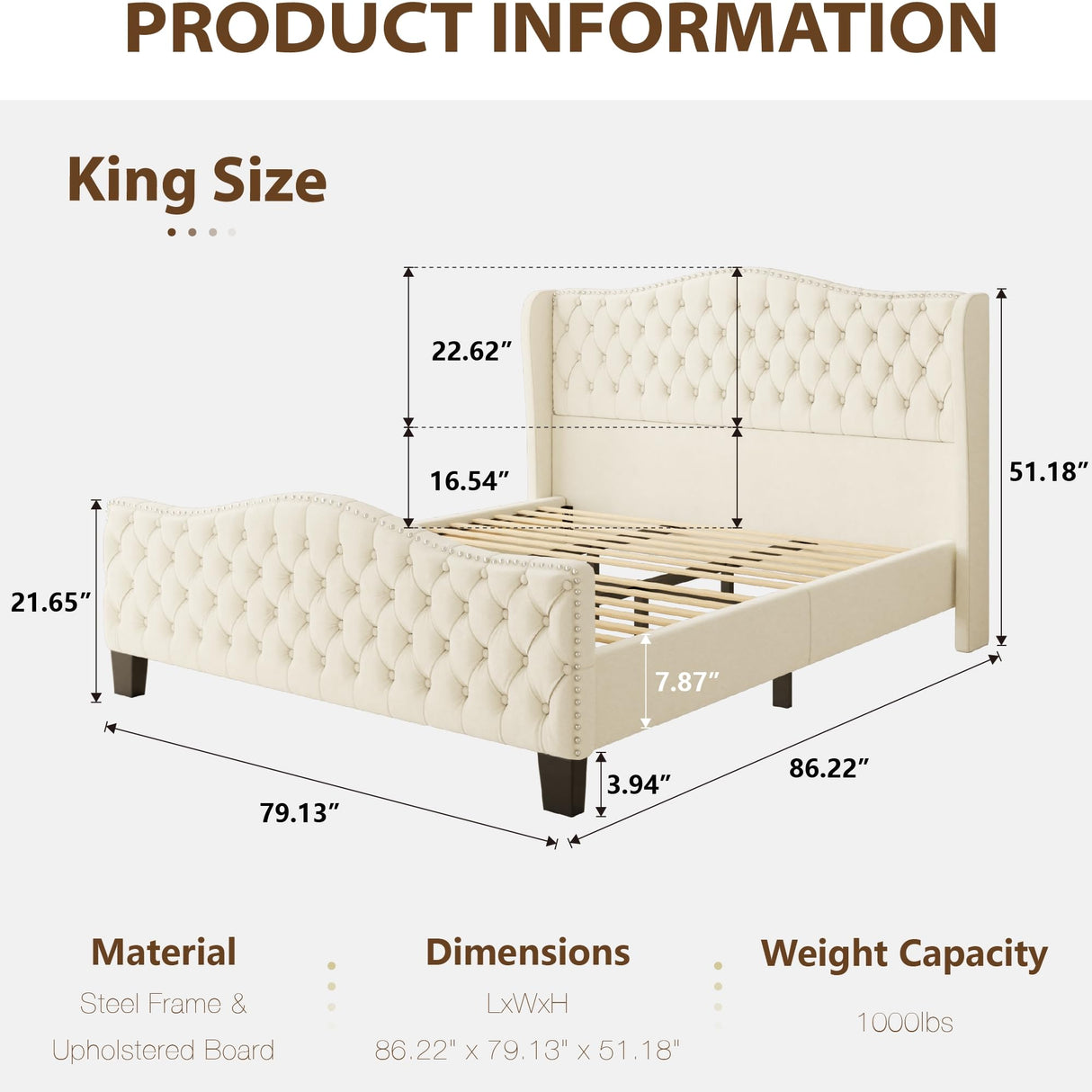King Bed Frame with 51" Tall Headboard, Velvet Upholstered Platform Bed with Deep Button Tufted, Footboard & Nailhead Trim Wingback, No Box Spring Needed, Noise Free-Beige Konprosp