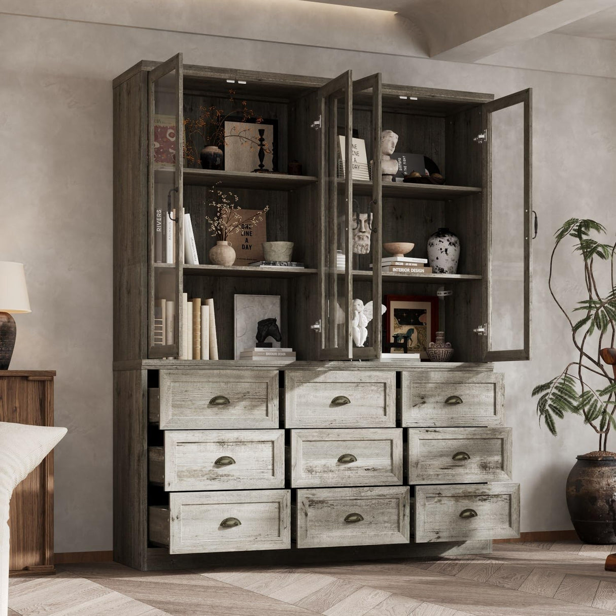 Timechee 78.7" Tall Curio Display Cabinet for Collection, 3 Tier Bookshelf with 9 Drawers & 4 Tempered Glass Doors, Showcase Display Cabinets for Living Room with Adjustable Shelves, Antique Oak Timechee