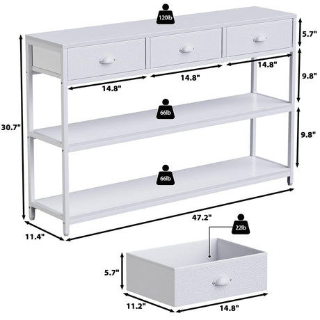 White 47" Console Sofa Table with 3 Drawers and Multi-Tier Storage Shelves for Entryway and Living Room Furologee