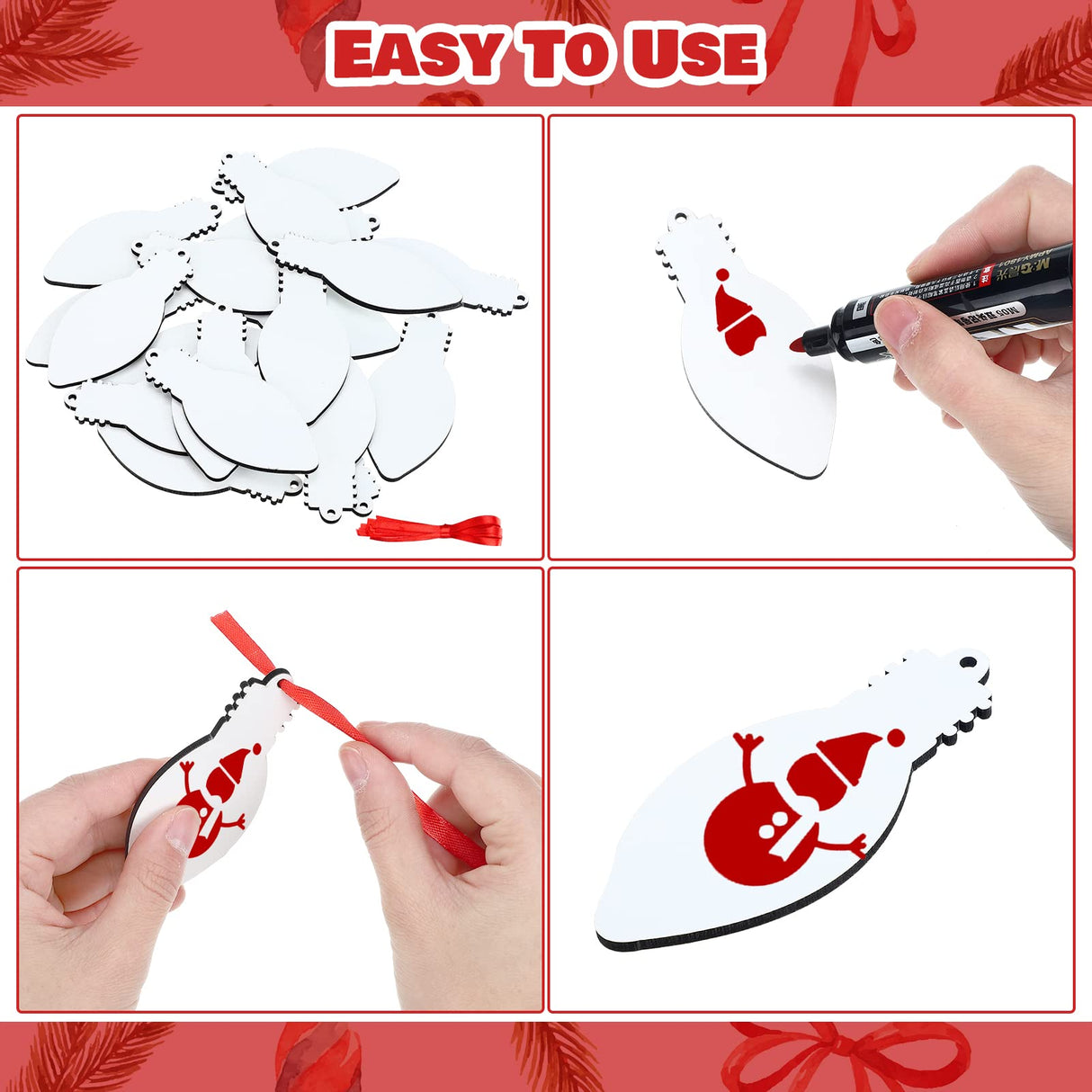Jetec 20 Pcs Light Bulb Sublimation Ornament Blank MDF Double Sided Christmas Sublimation Christmas Hanging Ornaments with Red Rope for Christmas Crafts DIY Decoration Jetec