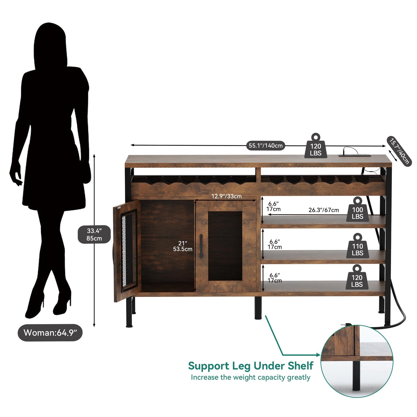 YITAHOME 55" Industrial Bar Cabinets with LED Lights, Wine Bar Cabinet with Power Outlets, Bar Table Stand for Liquor and Glasses for Living Room, Kitchen, Dining Room, Rustic Brown