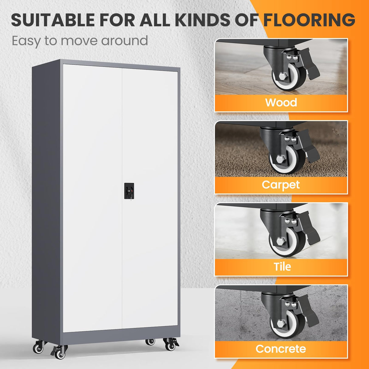 AFAIF Garage Cabinet with Wheels and Adjustable Shelves, Metal Garage Storage Cabinets with 2 Doors, Storage Caninet with Lock, Large Tool Cabnet for Workshop/Home/Office-(Gray White 75”H) AFAIF