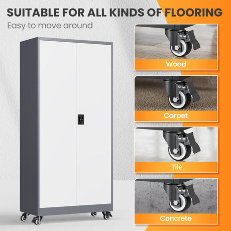 AFAIF Garage Cabinet with Wheels and Adjustable Shelves, Metal Garage Storage Cabinets with 2 Doors, Storage Caninet with Lock, Large Tool Cabnet for Workshop/Home/Office-(Gray White 75”H) AFAIF