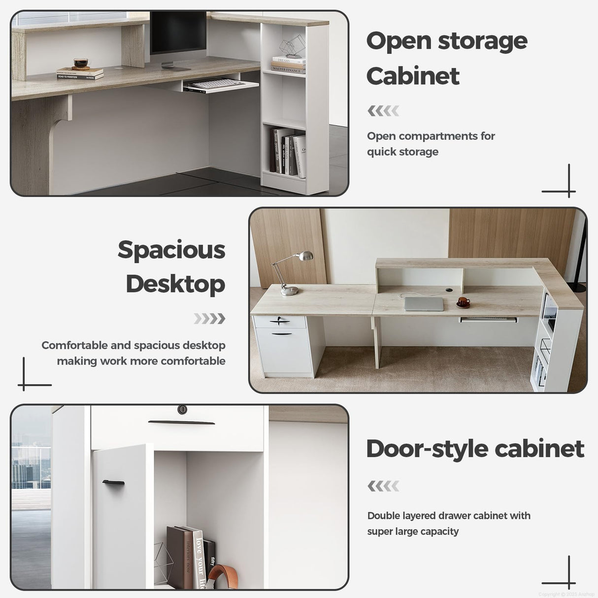 Anzhap L-Shaped Reception Desk with Counter, Modern Front Desk Checkout Counter with Drawer, Storage Cabinet, Keyboard Tray for Office, Salon, Lobby (Oak + Warm White/Right, 110" L*24" W*41" H) Anzhap