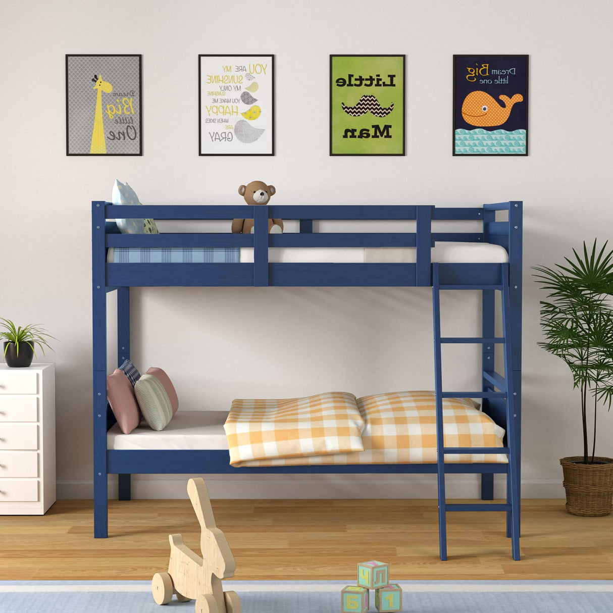 Giantex Twin Over Twin Bunk Bed, Solid Wood Twin Bunk Bed Convertible Into Two Individual Beds, Kids Twin Bunk Bed w/Ladder & Guard Rail for Boys Girls (Navy) Giantex