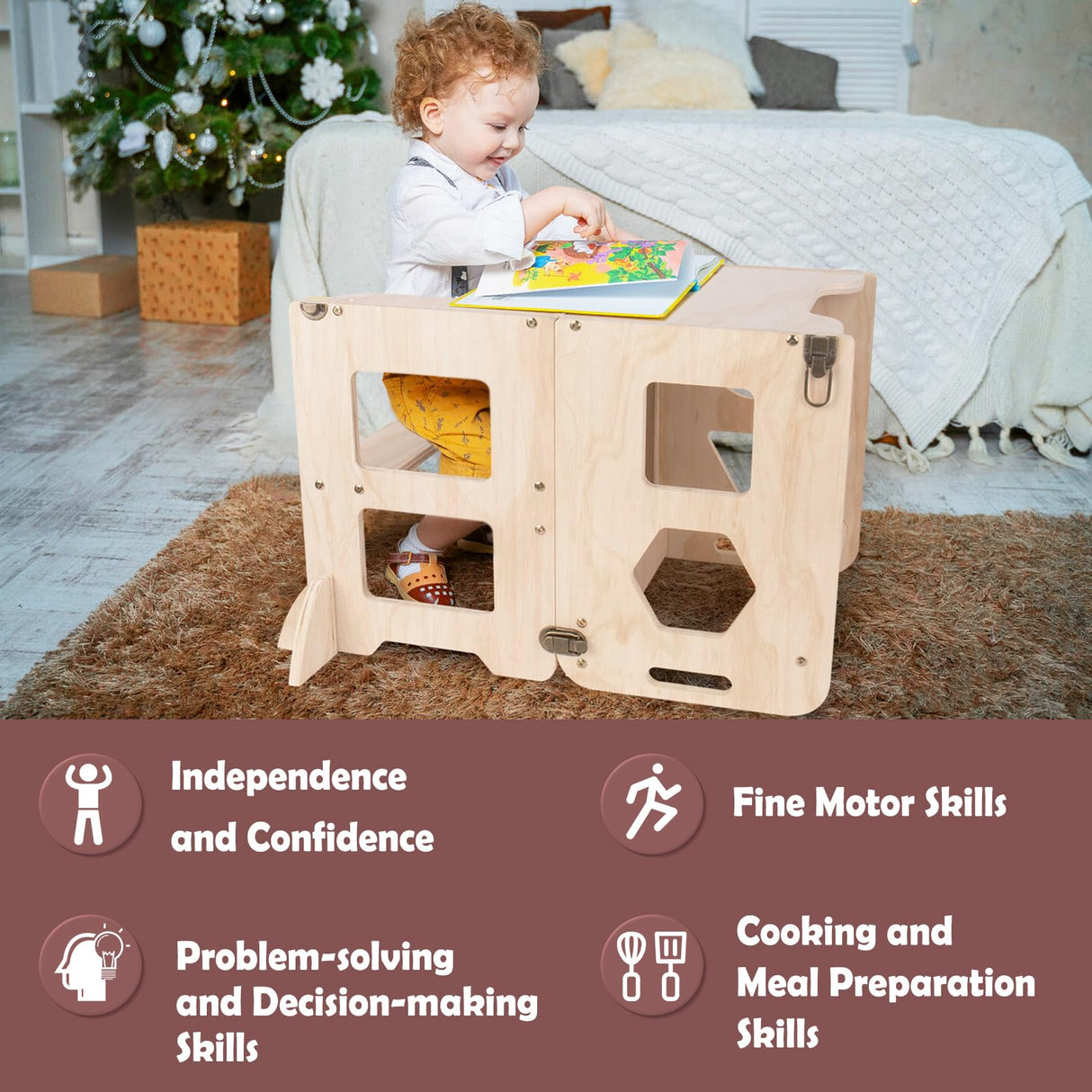 4-in-1 Toddler Kitchen Step Stool, Foldable Learning Standing Tower with Blackboard, Wooden Kitchen Stool Helper for Kids, 1-3 Year Old Boy Girl Gifts TINTECUSA