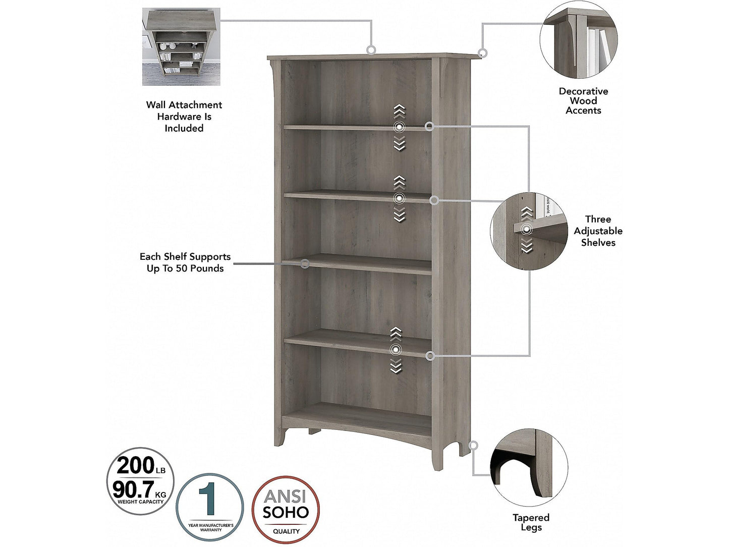 Bush Furniture Salinas 5 Shelf Tall Bookcase Set of 2 - Driftwood Gray - WoodArtSupply