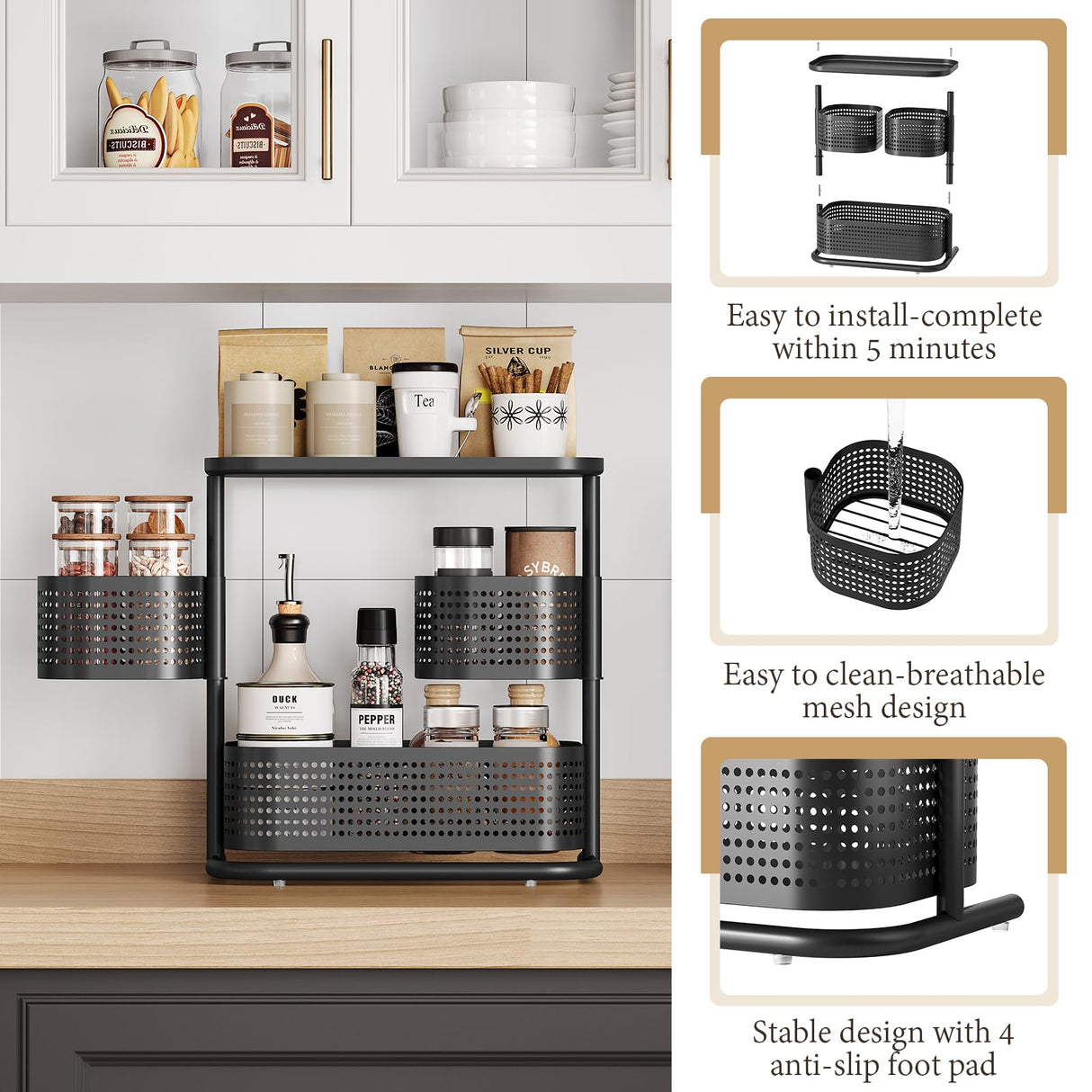 KINGRACK Bathroom Counter Organizer, 3 Tier Rotating Vanity Bedroom Storage cabinet, Cosmetic Holder Standing Shelf, Bathroom Tray for Countertop Storage, Kitchen Spice Rack, Black KINGRACK