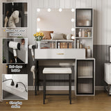 Fameill Vanity with Mirror and Light, Makeup Vanity Desk with 3 Color Lighting, White Vanity with Charging Station and Clothes Hook, Large Vanity Set with Lots Storage, Black Metal Frame Fameill