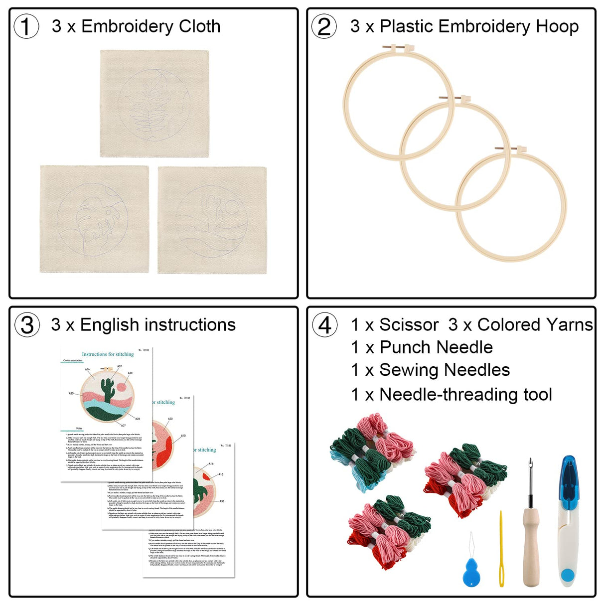 Anidaroel 3 Sets Punch Needle Kits - Beginner Adults Kit with Fabric, Hoops, Yarns and Sewing Needles Anidaroel