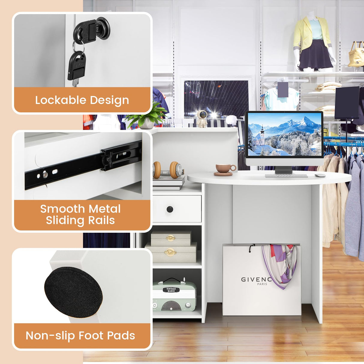 Tangkula Reception Desk, Front Counter Desk with Lockable Drawer & Adjustable Shelf, Oval Desktop, Retail Counter for Checkout, Computer Workstation for Salon Lobby Home Office Tangkula