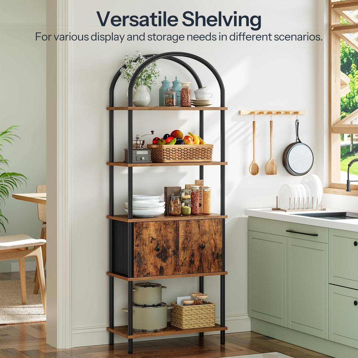 HOOBRO 5-Tier Bookshelf, Arched Bookcase with 2 Drawers, Tall Industrial Style Display Rack, Modern Standing Bookcase with Metal Frame for Office, Bedroom, Kitchen, Rustic Brown and Black BF175SJ01 HOOBRO