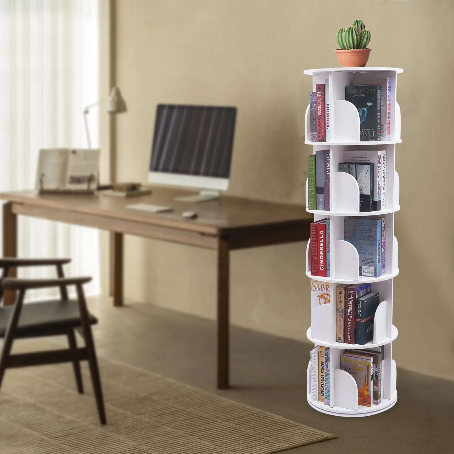 ZAWAYINE 5-Tier 360° Rotating White Bookshelf for Stylish Storage and Display - WoodArtSupply