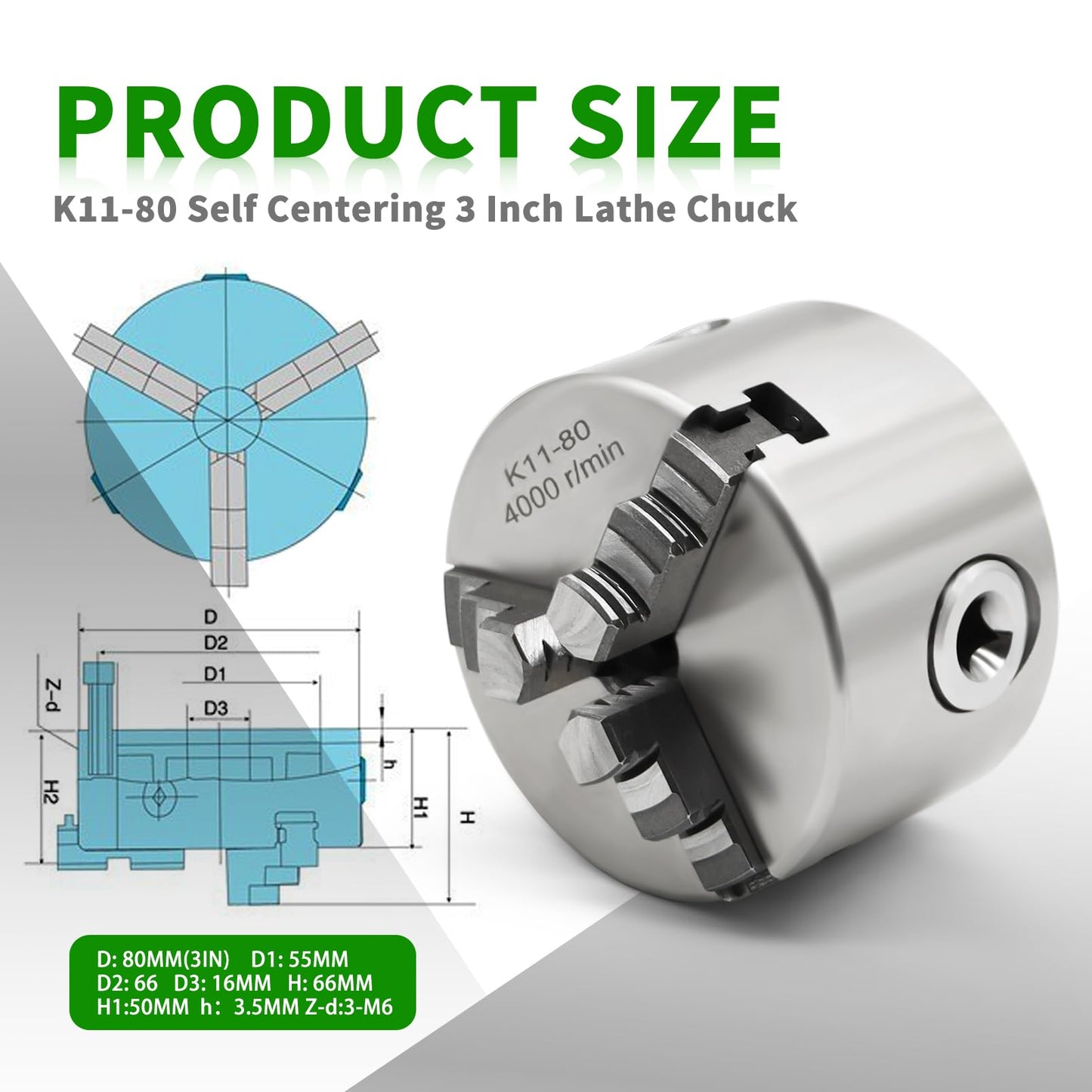 Yunnergo K11-80 Self Centering 3 Inch Lathe Chuck 4000 r/min 3 Jaw Comes with a Set Jaw