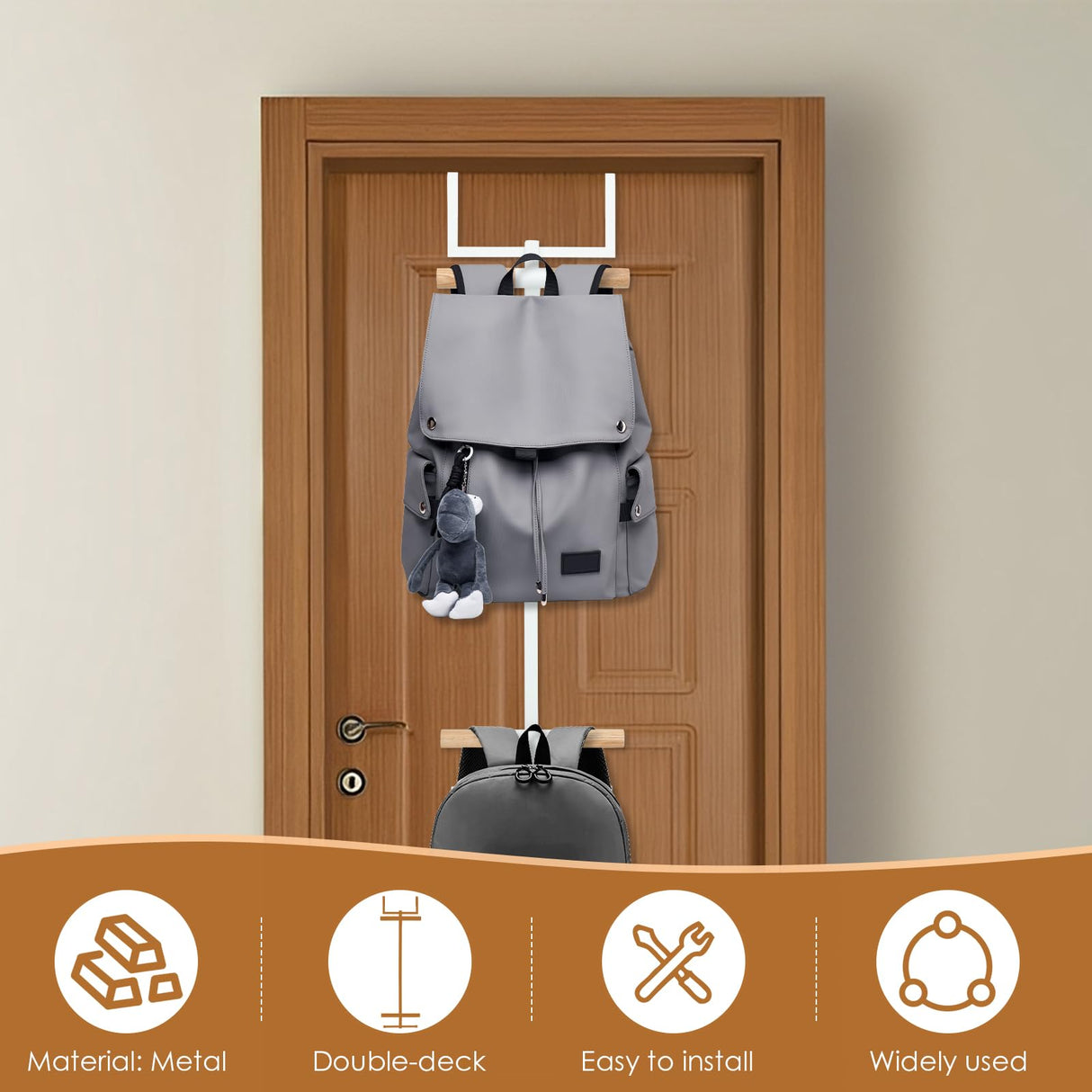 XYDHQS Backpack Over The Door Hanger for Closet or Bedroom, Schoolbag Metal Storage Rack, 2 Tiered Home Tower Backpack Hanger, Easy Installation Over The Door Hook Schoolbag Organizer. XYDHQS