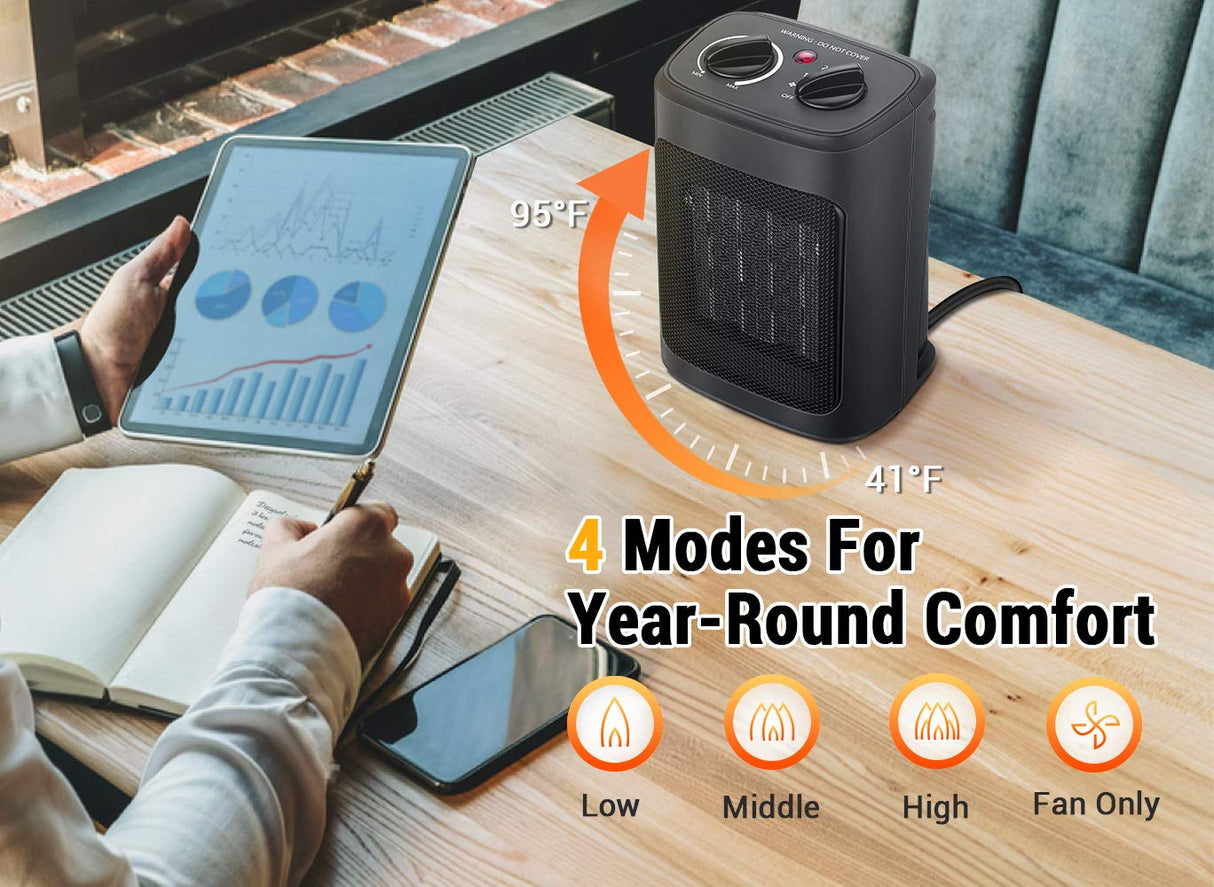Space Heater, 1500W Electric Heaters Indoor Portable with Thermostat, PTC Fast Heating Ceramic Room Small Heater with Heating and Fan Modes for Bedroom, Office and Indoor Use Aikoper