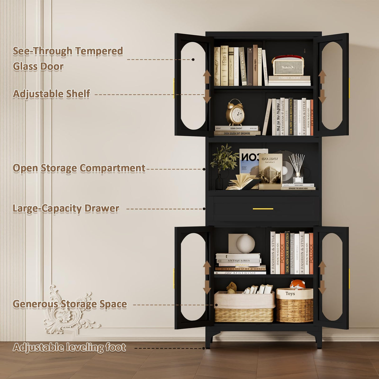 VRTCP 75" H Tall Kitchen Pantry Storage Cabinet with 4 Glass Door, Black Metal Storage Cabinet with Drawer and 2 Adjustable Shelves, Kitchen Pantry Cupboard for Living Room, Dining Room VRTCP