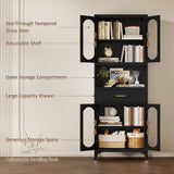 VRTCP 75" H Tall Kitchen Pantry Storage Cabinet with 4 Glass Door, Black Metal Storage Cabinet with Drawer and 2 Adjustable Shelves, Kitchen Pantry Cupboard for Living Room, Dining Room VRTCP