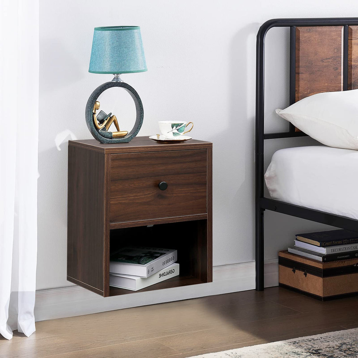 LAPTAIN 2 Pack Floating Nightstand Wall Mounted Shelf with Drawer Storage Bedside Table for Living Room, Bedroom LAPTAIN