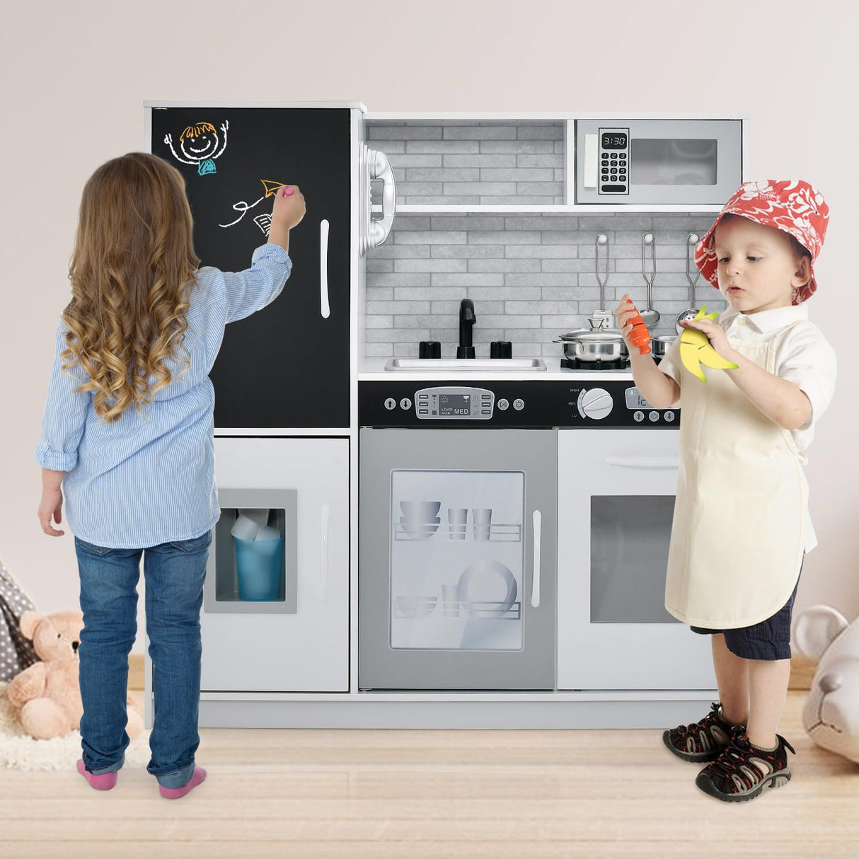 HONEY JOY Kids Kitchen Playset, Wooden Little Chef Pretend Toy Kitchen Set w/Chalkboard, Telephone, Utensils, Oven, Microwave, Sink, Storage, Play Kitchen for Toddlers, Gift for Boys Girls, White HONEY JOY