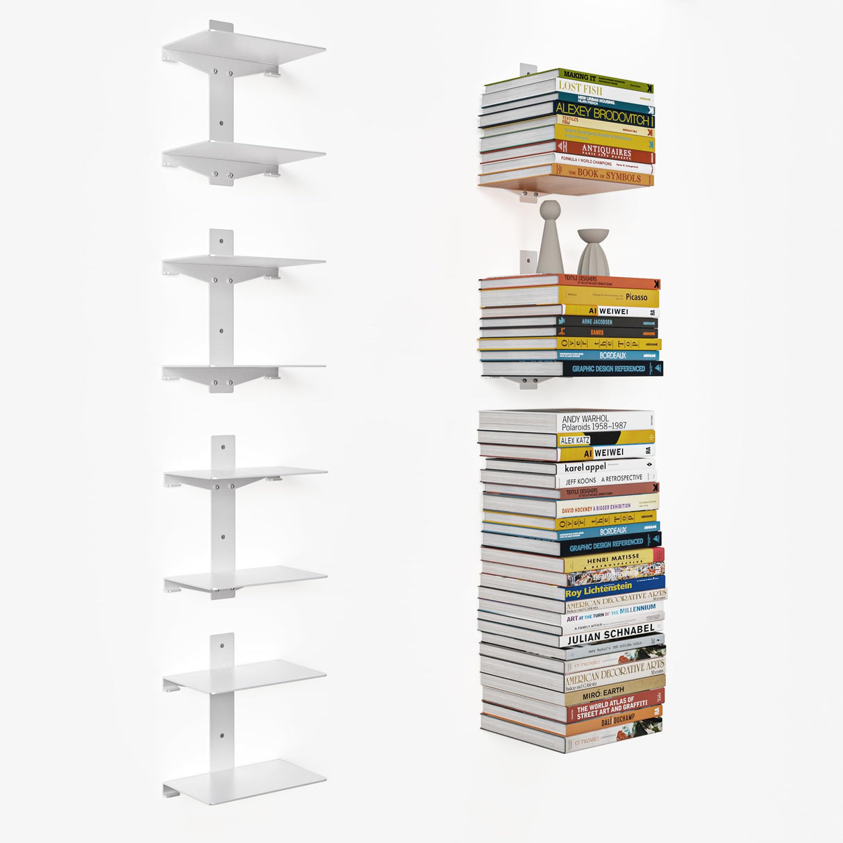 Fun Memories Invisible Floating Bookshelves for Wall, 8 Tier Vertical Spine Book Tower, Heavy Duty Floating Book Shelves Metal Book Organizers for Home Office, 4 Pack, White Fun Memories
