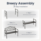 PHI VILLA 43 Inch Cast Iron Steel Frame Outdoor Garden Bench, Patio Furniture Chair Bench w/Floral Design Backrest, Slatted Seat for Park, Yard, Porch - Black PHI VILLA