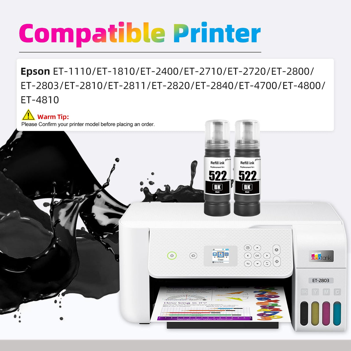 EXCERCUS T522 522 Ink Refill Bottles Compatible for Ecotank ET-2760 ET-4760 ET-2750 ET-2720 ET-3760 ET-2850 ET-15000 ET-2800 ET-4700 ST-4000 ST-2000 ET-3710 ET4810 ET-3850 Printer (2BK) EXCERCUS