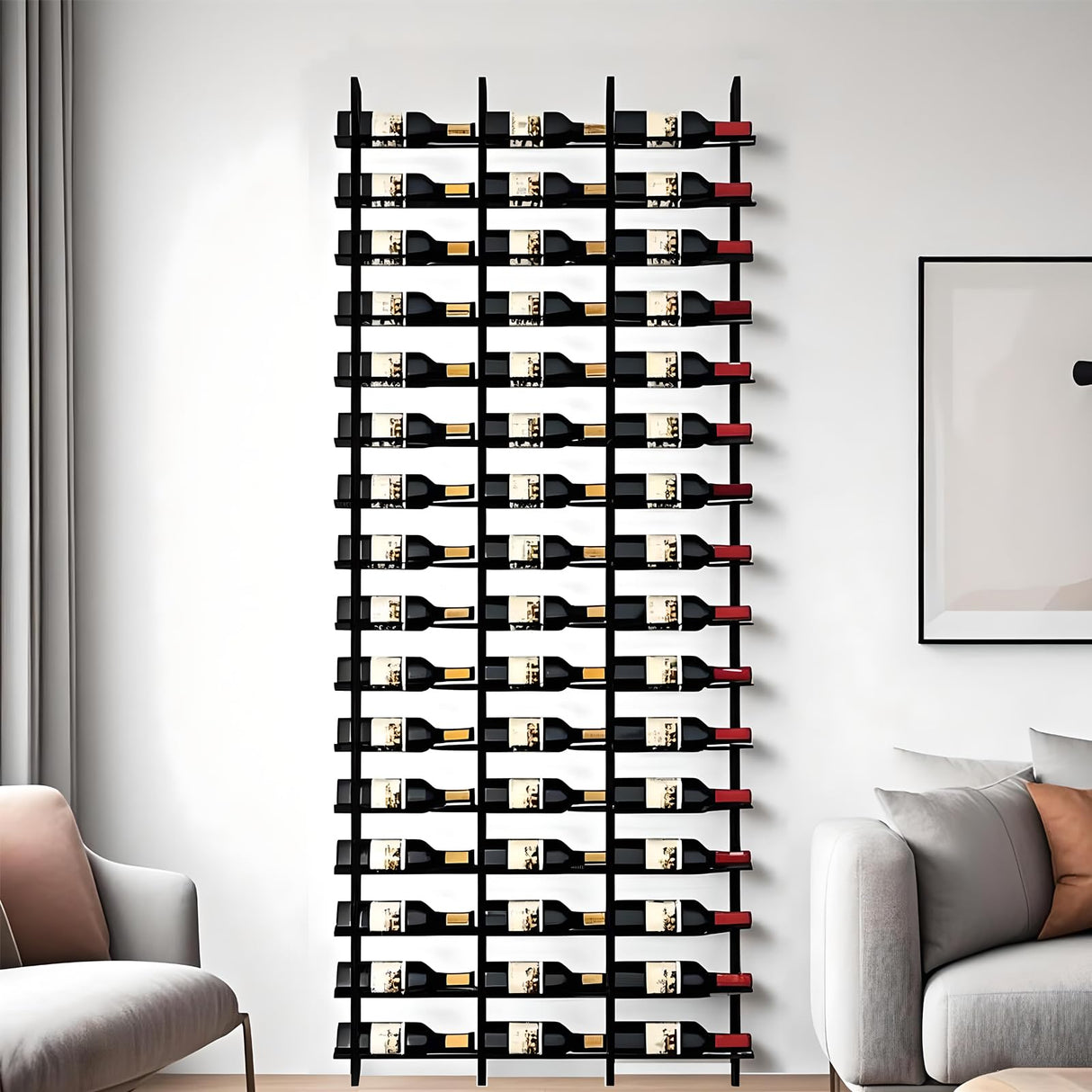 amhricho Wall Mounted Wine Rack, H 94.5INCH, 16 Rows, Black 48 Bottle, Metal Wine Bottle Holder for Home Bar, Wine Kitchen Storage (Black, 3 Columns) amhricho