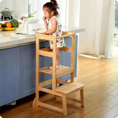 Height Adjustable Kitchen Step Stool for Toddlers, Kids Montessori Learning Stool, Baby Standing Tower for Counter, Children Standing Helper (Natural)