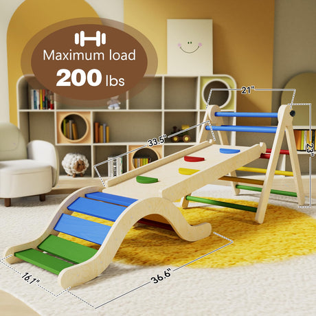Pikler Triangle Set 7in1 Toddler Climbing Toys Indoor Foldable Baby Climbing Toys Wooden Montessori Climbing Set with Arch, Ramp, Ladder for 1-3 Years, Jungle Gym for Kids Colored doowroodni