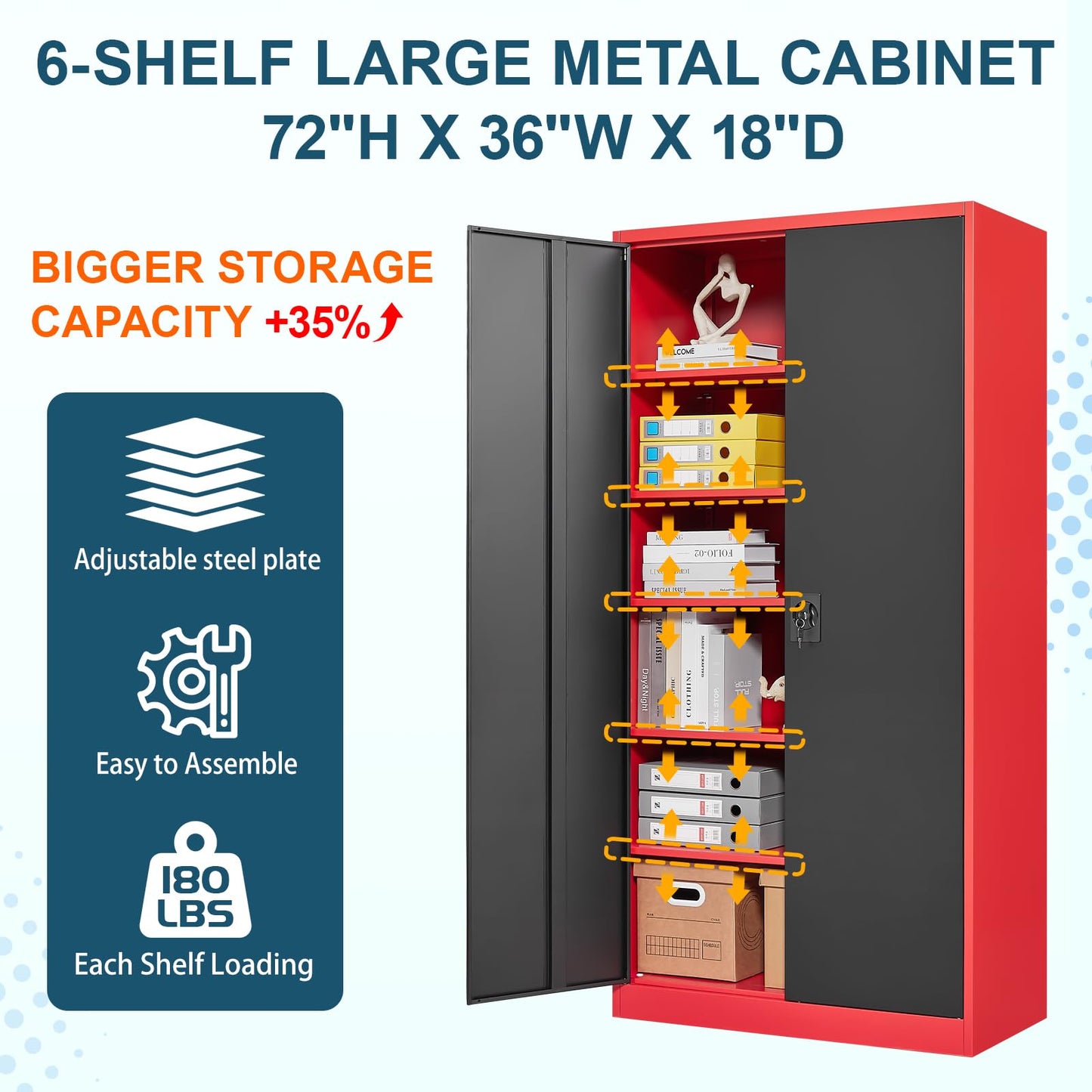 MIIIKO Metal Storage Cabinet with Locking Doors, 72" Tall Steel Cabinets with 5 Shelves, Red Garage Storage Cabinet Heavy Duty, 18" Deep Locker Cabinet for Office Pantry Workshops