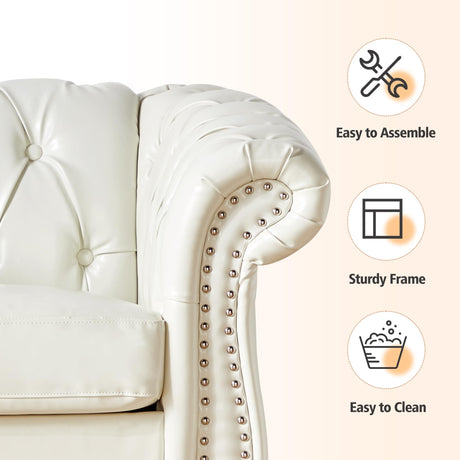 RUSTYER Chesterfield Loveseat Sofa, Modern Leather Small Sofa Couch 2 Seater with Rolled Arms and Nailhead, Mid Century Modern Loveseat Couch for Small Spaces Living Room Bedroom Apartment, White RUSTYER