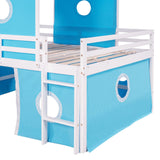 Harper & Bright Designs Blue Full Size Loft Bed with Slide, Curtains, and Tower - Solid Wood Low Loft Frame for Kids Harper & Bright Designs