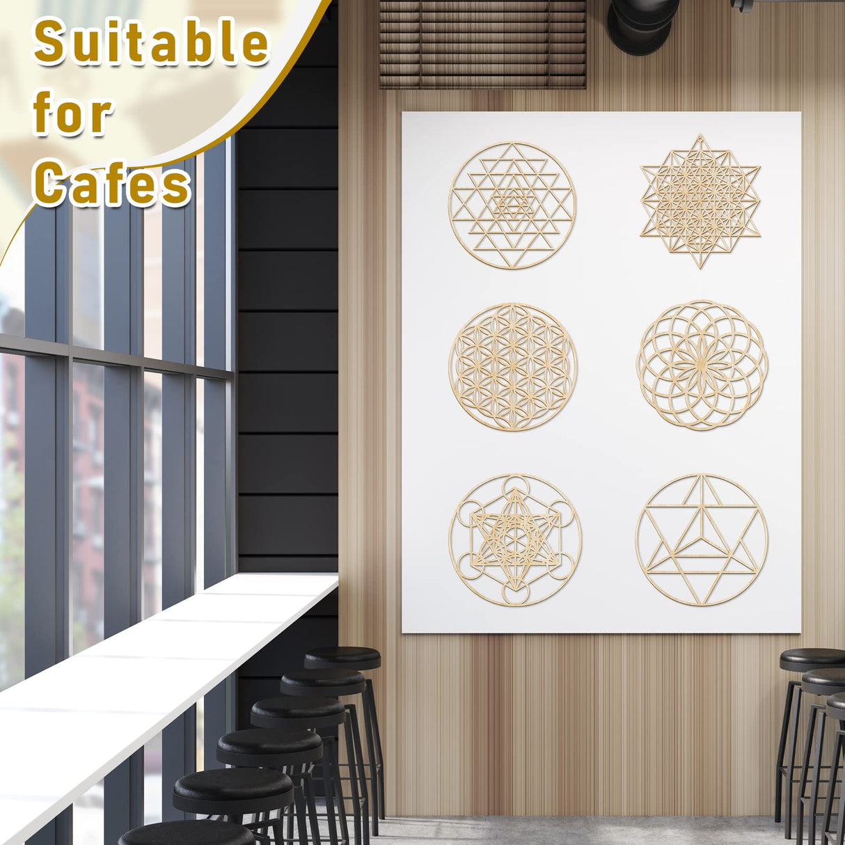 Taiyin 6 Pcs 12 Inch Sacred Geometry Wood Wall Art Set Zen Metatron Cube Home Decor Sri Yantra Merkaba Torus Flower of Life Hanging Sculpture Wooden Crystal Grid Pagan 7 Chakra Wall Decor(Burlywood) Taiyin