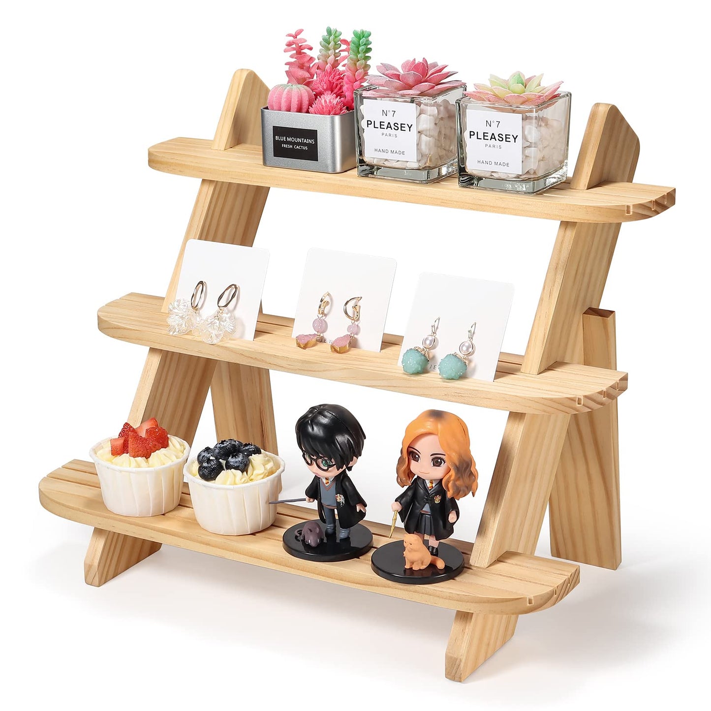 Wooden Display Riser,3 Tier Earring & Ring Holder Stands,Farmhouse Cupcake Stands ,Table Display Stand For Vendors,Organizer Showcase for Tabletop Shows and Home Using ,Wood Rustic Risers (Natural)