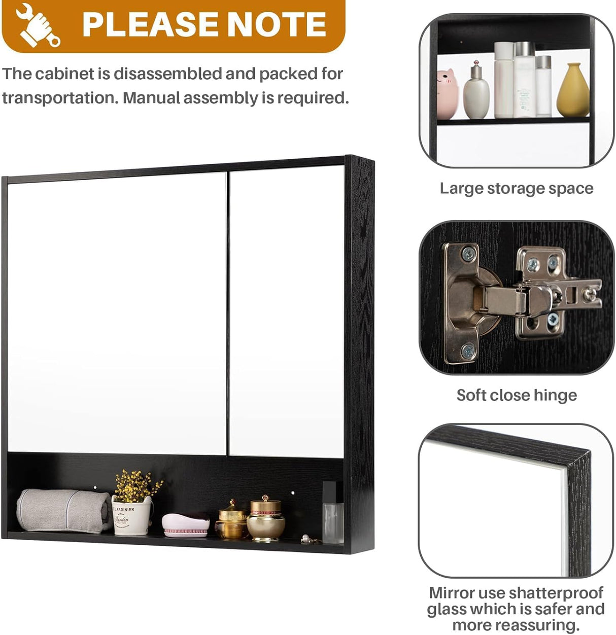 ALIMORDEN Medicine Cabinet with Mirror and Shelves, Oversized Bathroom Wall Storage Organizer Over The Vanity, Toilet, Recessed or Surface Mount, 30.4" L x 29.5" H, Black ALIMORDEN